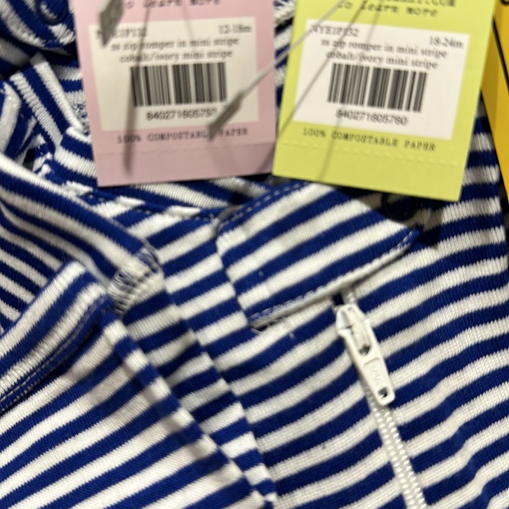 Two Infant 100 % organic cotton zip romper onesies mini stripe in blue NWT - Picture 7 of 7